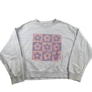 PS LA Cropped Sweatshirt M Gray Floral Checkerboard Womens Y2K Crewneck Retro